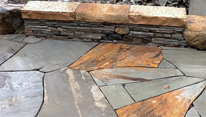 Sandstone and Granite Sitting Wall with Sandstone Patio, North Carolina, 2018