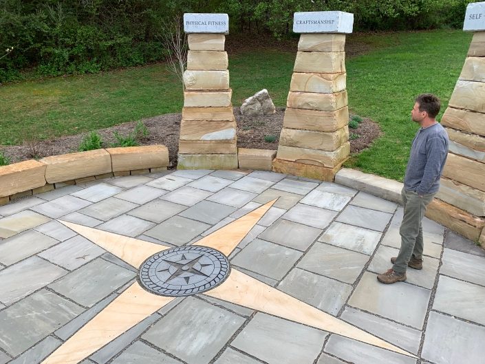 Sandstone and Granite Patio with Compass Rose, Benches, and Columns, North Carolina 2017